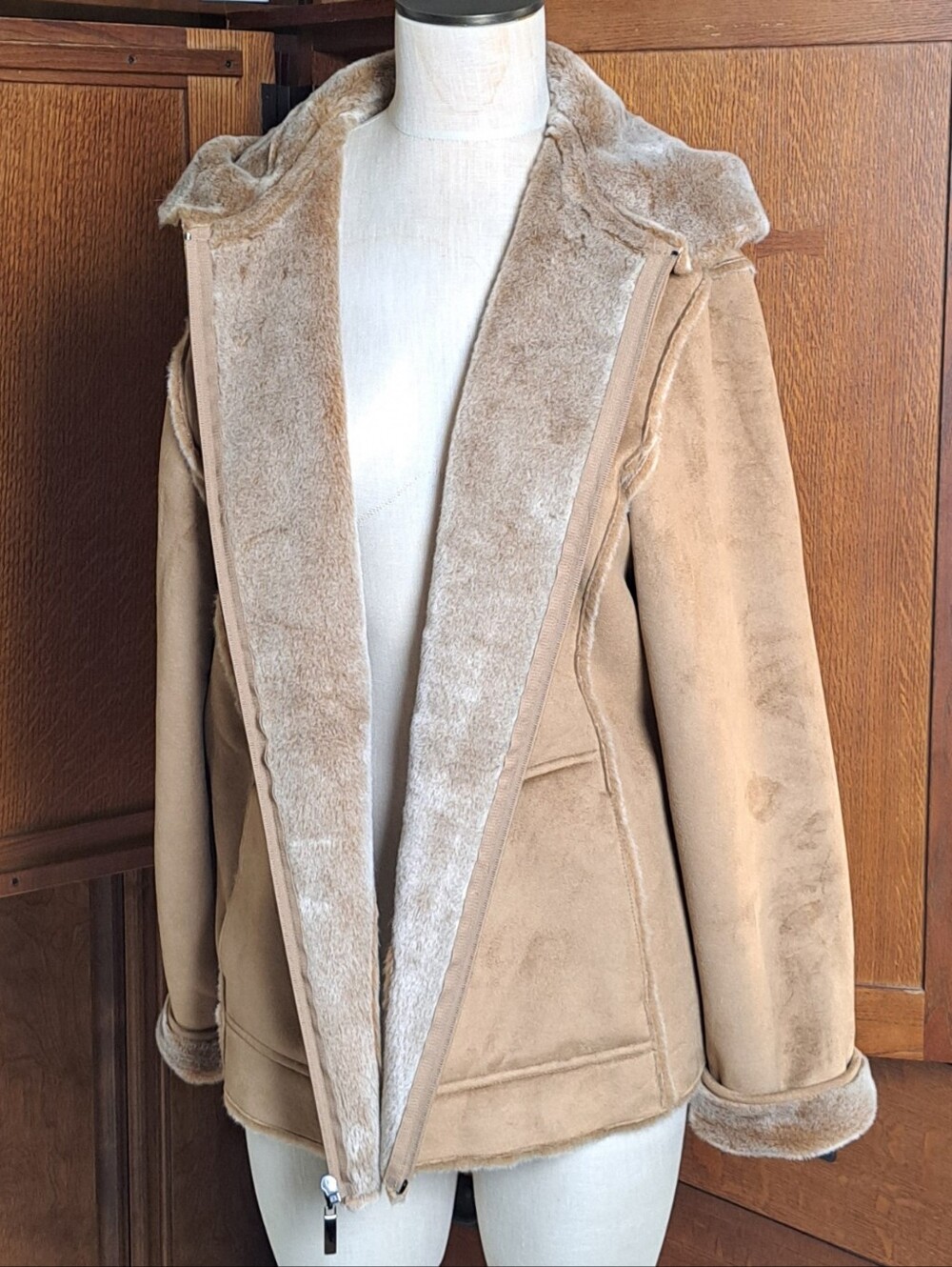 Aeros Vintage Y2K Faux Suede Faux Fur Hooded Jacket Tan XL